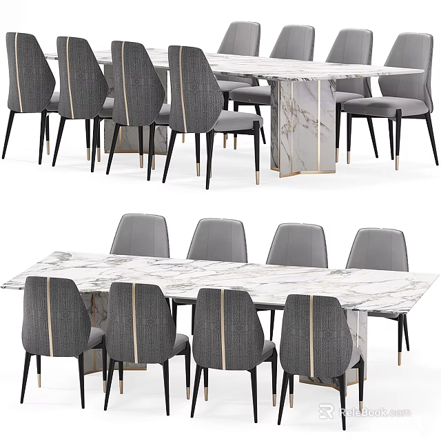 Modern Dining Table Set With Marble Tabletop Grey Upholstered Chairs And Metal Legs 3d model