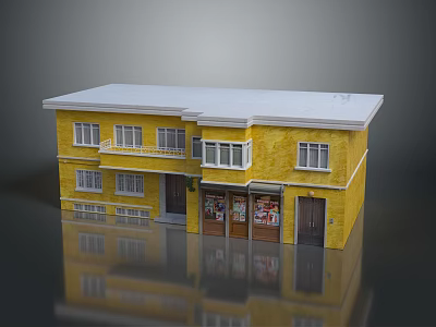 Two Story Detached Villa With Yellow Exterior White Roof Multiple Windows And Ground Floor Storefronts 3d model