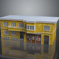 Two Story Detached Villa With Yellow Exterior White Roof Multiple Windows And Ground Floor Storefronts