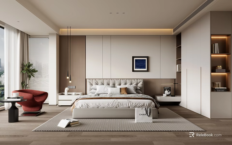 Modern Bedroom Interior With Bed Pillows Framed Art Red Armchair Potted Plant And Wooden Flooring 3d model 