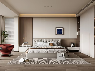 Modern Bedroom Interior With Bed Pillows Framed Art Red Armchair Potted Plant And Wooden Flooring 3d model