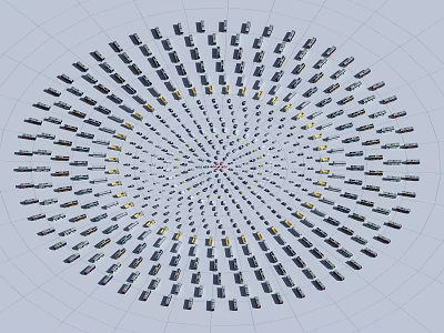 Cars Arranged In Spiral Pattern Creating Visual Art Design On Gray Background 3d model