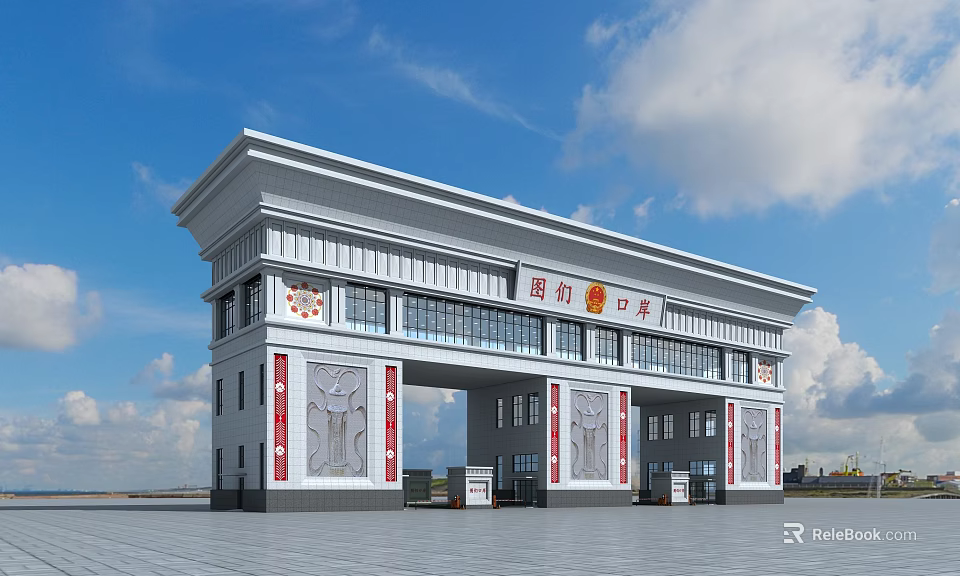 Grand Illuminated Port Station Gateway Building With Modern Facade And Decorative Columns 3d model 