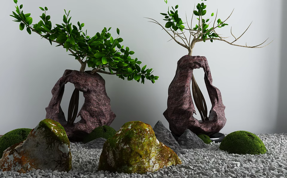 Zen Karesansui Garden Design With Rock Planters Green Plants Stones And Moss 3d model 