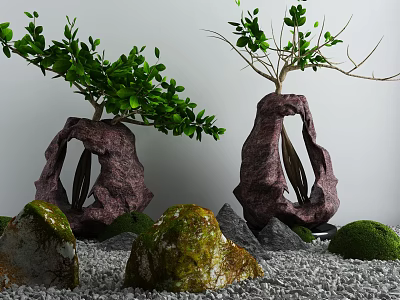 Zen Karesansui Garden Design With Rock Planters Green Plants Stones And Moss 3d model