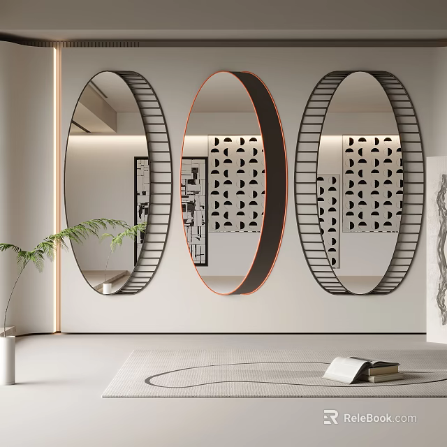 Three Modern Oval Mirrors With Decorative Frames In Interior Featuring Wall Patterns Plant And Books 3d model 