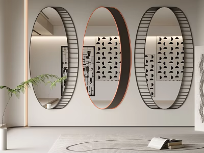 Three Modern Oval Mirrors With Decorative Frames In Interior Featuring Wall Patterns Plant And Books 3d model