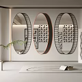 Three Modern Oval Mirrors With Decorative Frames In Interior Featuring Wall Patterns Plant And Books 3d model
