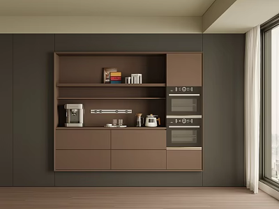 Modern Wine Cabinet With Brown Storage Shelves And Built-in Oven In Kitchen Interior 3d model