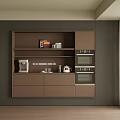 Modern Wine Cabinet With Brown Storage Shelves And Built-in Oven In Kitchen Interior