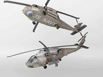 Two US Navy Military Helicopters Flying in Formation with Identification Numbers and Markings 3d model