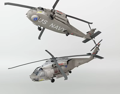 Two US Navy Military Helicopters Flying in Formation with Identification Numbers and Markings 3d model