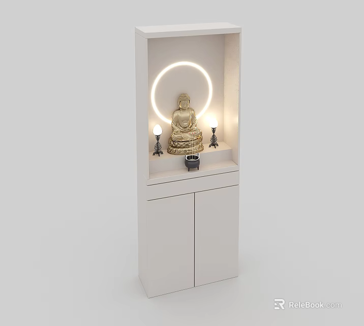 Modern White Altar Console With Buddha Statue Circular Lighting And Cabinet Storage 3d model