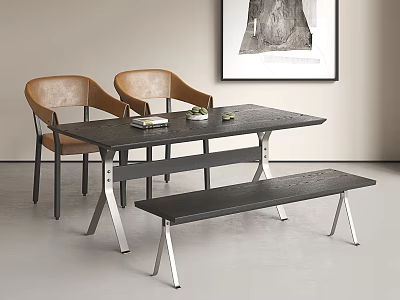 Modern Black Dining Table Set With Two Brown Chairs And Metal Leg Bench 3d model