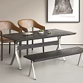 Modern Black Dining Table Set With Two Brown Chairs And Metal Leg Bench