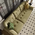 Beige And Green Sofa Set In Elegant Living Room With Arched Window And Herringbone Floor