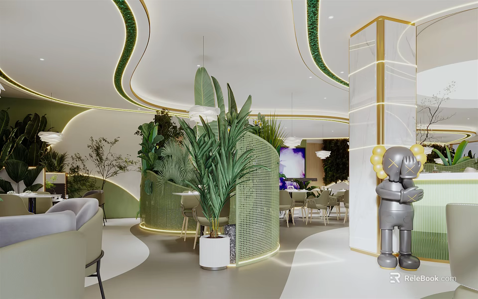 Modern Restaurant Interior With Curved Design Green Plants Gold Accents And Sculpture 3d model 