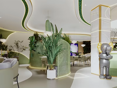 Modern Restaurant Interior With Curved Design Green Plants Gold Accents And Sculpture 3d model
