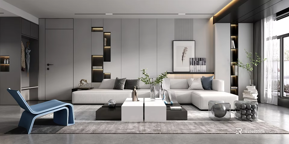 Living Room Modern Interior Design With White Sofas Gray Carpet And Decorative Painting 3d model 