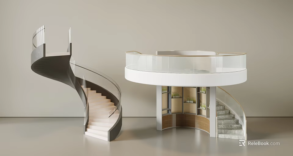 White Spiral Staircase With Glass Railing And Display Area Design 3d model