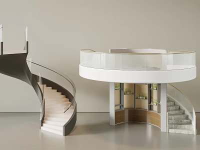 White Spiral Staircase With Glass Railing And Display Area Design 3d model
