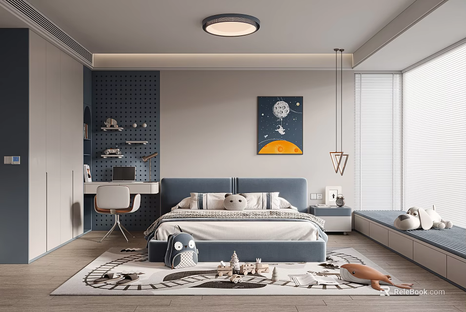 Cozy Modern Kids Room Interior With Bed Desk Chair Rug Toys And Artwork 3d model 