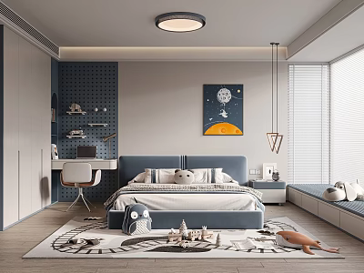 Cozy Modern Kids Room Interior With Bed Desk Chair Rug Toys And Artwork 3d model