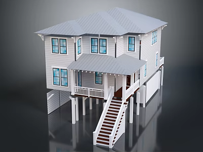 Cartoon Scene White Two Story House With Gray Roof Porch Stairs Blue Windows On Stilts 3d model