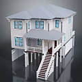 Cartoon Scene White Two Story House With Gray Roof Porch Stairs Blue Windows On Stilts