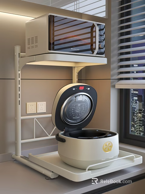 Open Rice Cooker As Kitchenware In Modern Kitchen With Shelf And Window Blinds 3d model