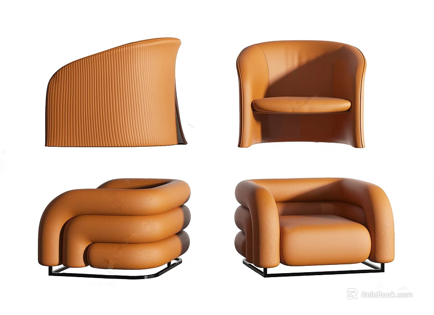 Modern Brown Leather Single Sofa With Curved Design And Stylish Armrest 3d model