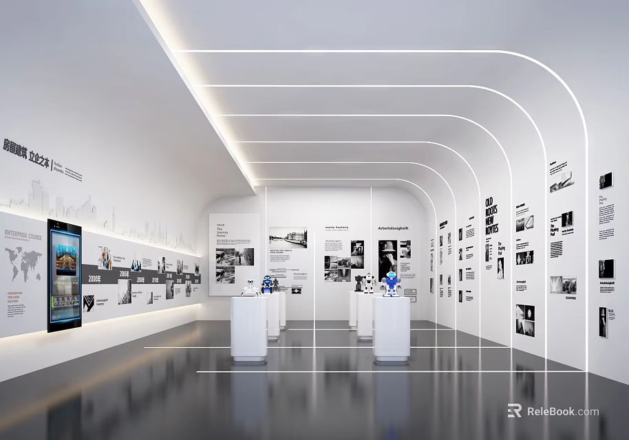 Modern Exhibition Hall With Curved Lighting White Walls Display Stands And Info Panels 3d model 