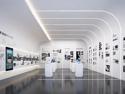 Modern Exhibition Hall With Curved Lighting White Walls Display Stands And Info Panels 3d model