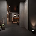 Sophisticated Bar Interior With Gray Walls Columns Recessed Lighting Round Mirror And Bar Counter