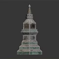 Traditional Multi Tiered Pagoda With Green White Decorative Elements And Pointed Spire