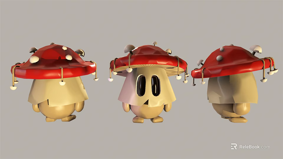 Cute Mushroom Shaped Cartoon Characters With Red Caps White Spots Eyes Legs And Lights 3d model 