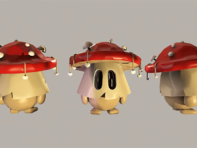 Cute Mushroom Shaped Cartoon Characters With Red Caps White Spots Eyes Legs And Lights 3d model