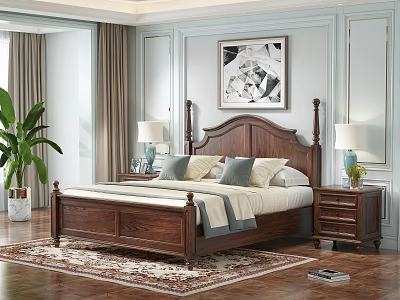 Classic Wooden Double Bed with Bedside Tables Table Lamps Decorative Painting and Plant on Wooden Floor 3d model