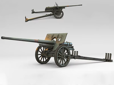 Vintage Military Weapon Old Cannon With Metal Wheels Long Barrel And Wooden Carriage 3d model