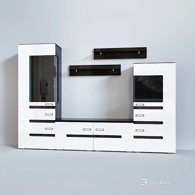 Modern TV Background Wall Design With White Black Cabinetry And Floating Shelves 3d model 