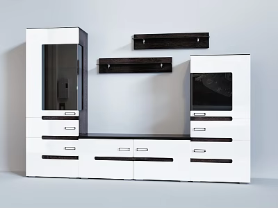 Modern TV Background Wall Design With White Black Cabinetry And Floating Shelves 3d model