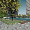 Modern Urban Commercial Complex with High Rise Buildings Central Plaza Green Spaces and Water Features