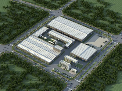 Aerial View of Large Modern Industrial Factory Surrounded by Greenery With Roads and Parking Areas 3d model