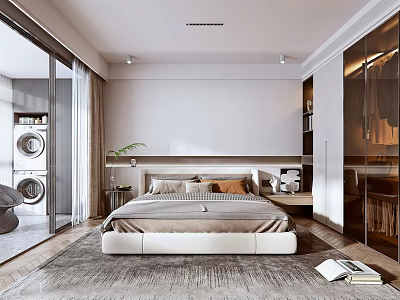 Modern Minimalist Bedroom Interior Design With Large Bed Soft Rug Built-in Wardrobe And Floor-to-Ceiling Windows 3d model