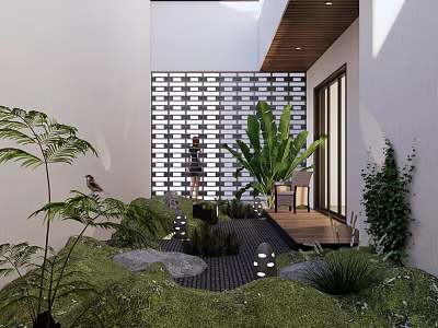 Courtyard Garden With White Walls Lattice Wall Green Plants Stones Small Lights And Wooden Platform 3d model