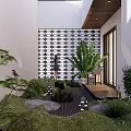 Courtyard Garden With White Walls Lattice Wall Green Plants Stones Small Lights And Wooden Platform