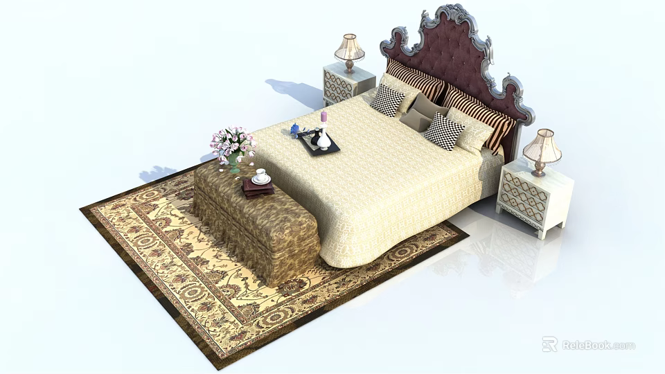 Double Bed with Ornate Headboard Nightstands Table Lamps Ottoman and Decorative Rug 3d model 