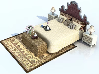 Double Bed with Ornate Headboard Nightstands Table Lamps Ottoman and Decorative Rug 3d model