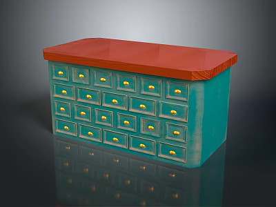 Blue Cabinet With Red Top And Multiple Drawers Featuring Gold Knobs 3d model