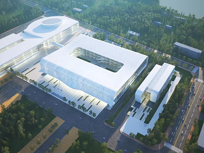 Modern Industrial Factory Exterior With Surrounding Greenery Large Roof And Parking Area 3d model